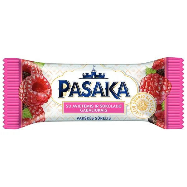Varškės sūrelis su avietėmis ir šokoladu PASAKA, 21 % rieb., 40 g