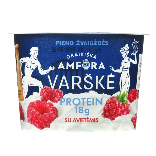 Varškė su avietėmis be laktozės GRAIKIŠKA AMFORA PROTEIN, 0,8% rieb., 200 g
