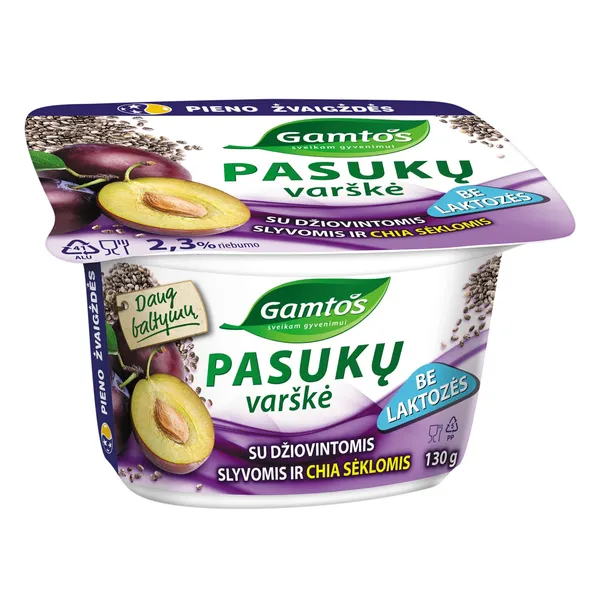 GAMTOS pasukų varškė su džiovintomis slyvomis ir CHIA sėklomis, be laktozės, 2,3 % rieb., 130 g