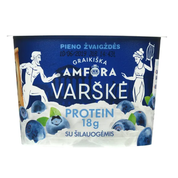 Varškė su šilauogėmis be laktozės GRAIKIŠKA AMFORA PROTEIN, 0,8% rieb., 200 g