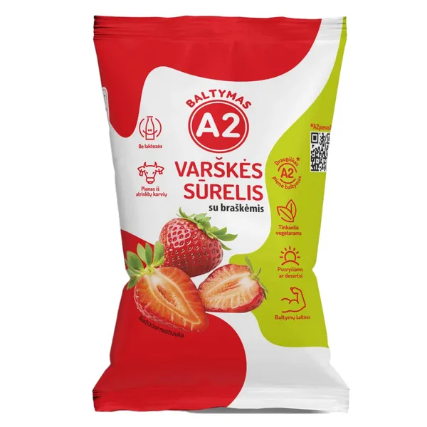 Varškės sūrelis iš A2 pieno be laktozės su braškėmis, 7,2 % rieb., 100 g