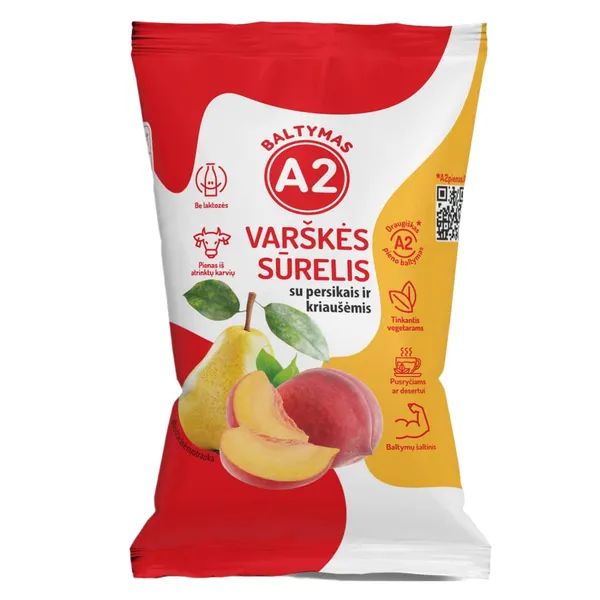 Varškės sūrelis iš A2 pieno be laktozės su persikais ir kriaušėmis, 7,2 % rieb., 100 g
