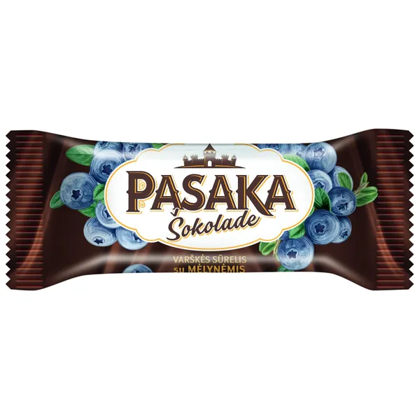 Belgišku šokoladu glaistytas varškės sūrelis su mėlynėmis PASAKA, 20 % rieb., 40 g