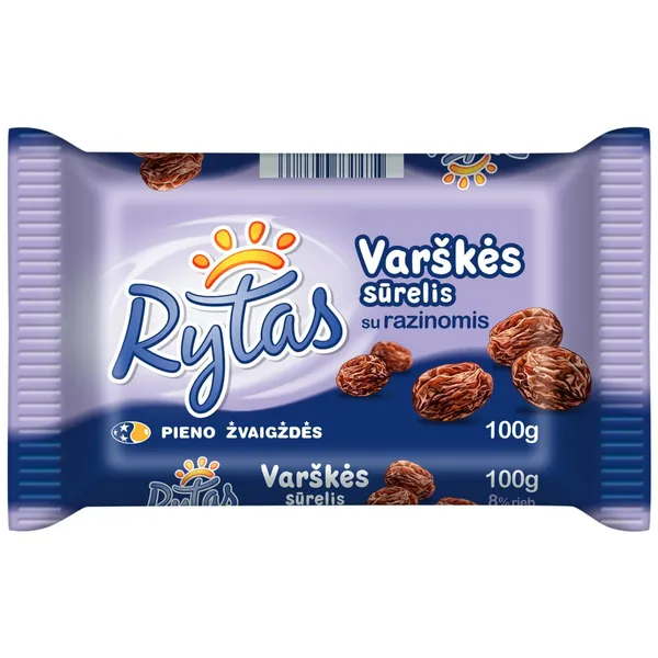 Varškės sūrelis su razinomis RYTAS, 8 % rieb., 100 g