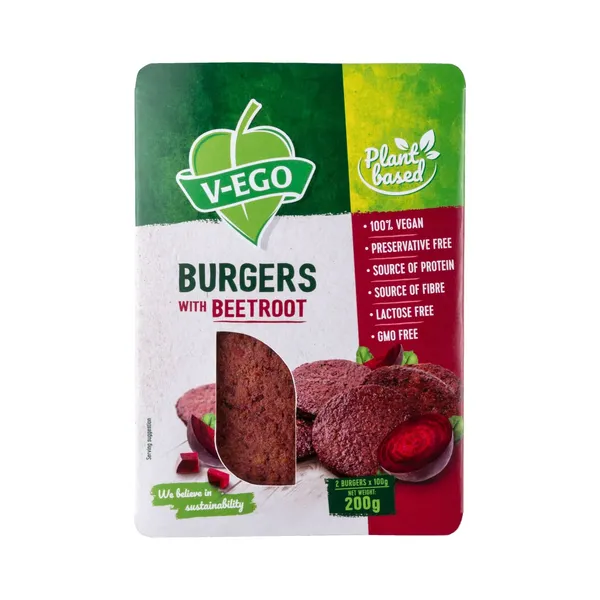 Veganiški burgeriai su burokėliais V-EGO, šaldyti, 200 g