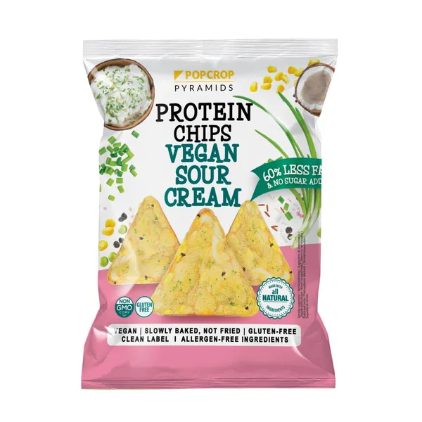 Veganiški grietinės skonio baltyminiai traškučiai POPCROP, su saldikliais, 60 g