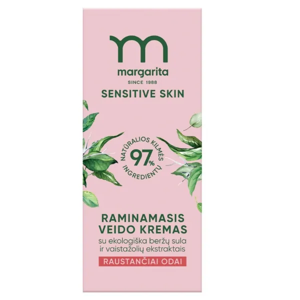 Raminamasis veido kremas raustančiai odai MARGARITA SENSITIVE SKIN su ekologiška beržų sula ir vaistažolių ekstraktais 50 ml