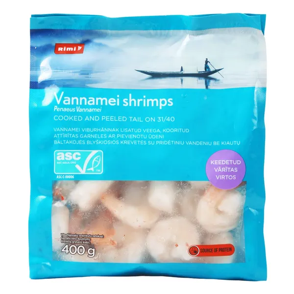 Virtos baltakojės blyškiosios krevetės su pridėtiniu vandeniu, be kiautų RIMI, ASC, 31/40, 400 g
