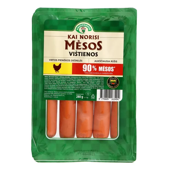 Virtos vištienos pieniškos dešrelės KAI NORISI MĖSOS, a.r., 280 g