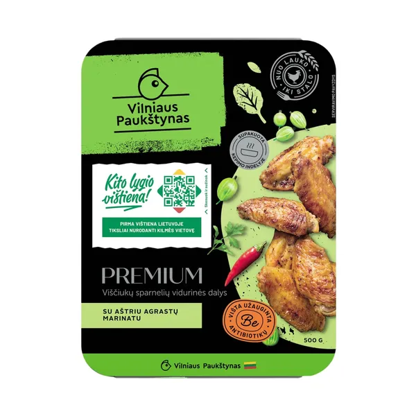 Viščiukų sparnelių vidurinės dalys su aštriu agrastų marinatu VILNIAUS PAUKŠTYNAS PREMIUM, 500 g
