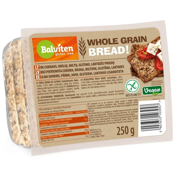 Viso grūdo dalių duona BALVITEN, be glitimo, 250 g