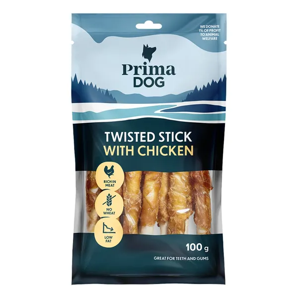 Vištienos ir apdorotos odos lazdelė, PrimaDog, 13 cm, 11 vnt, 100g