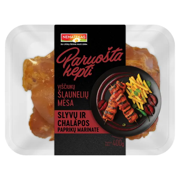 Vištienos šlaunelių mėsa slyvų ir chalapos paprikų marinate PARUOŠTA KEPTI, 400 g