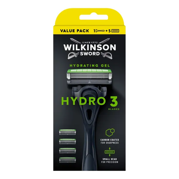 Trijų ašmenų vyriškas skustuvas ir 5 kasetės WILKINSON SWORD HYDRO 3
