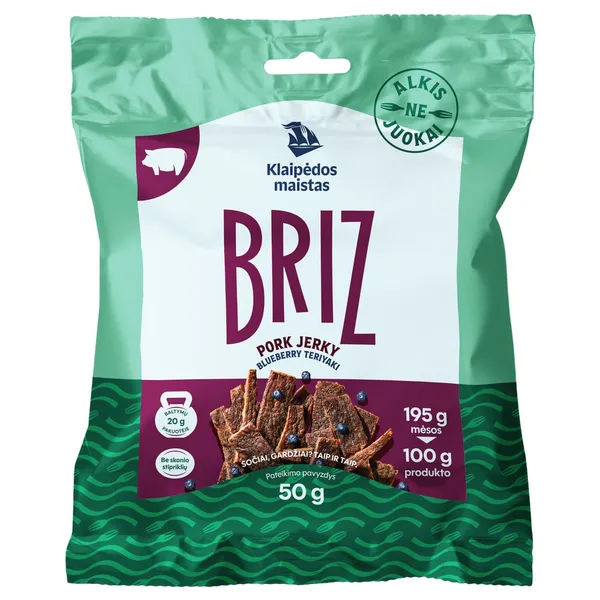 Vytintos terijaki ir mėlynių skonio kiaulienos juostelės BRIZ, a. r., 50 g