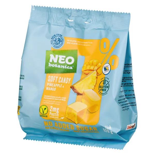 Vaisiniai želė saldainiai ananasų ir mango skonio NEOBOTANICA, be pridėtinio cukraus su saldikliu, 120 g