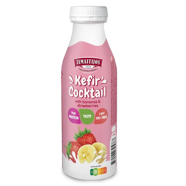 Kefyro kokteilis ŽEMAITIJOS, su bananais ir braškėmis, 0,4%, 450 g
