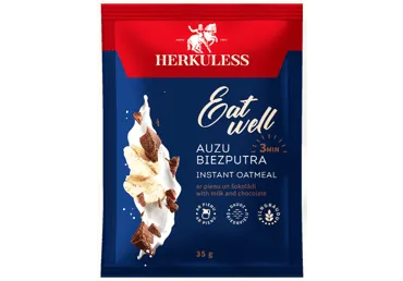 Auzu pārslu biezputra HERKULESS, ā/p, ar pienu un šokolādes gabaliņiem, 35g