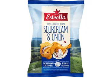 Čipsi ESTRELLA Kettle ar skābā krējuma un sīpolu garšu 120g