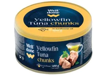 Dzeltenspruru tunzivs gabaliņi saulespuķu eļļā WELL DONE 400g