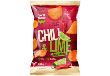 Kartupeļu čipsi WELL DONE čili un laima 180g