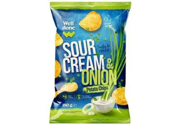 Kartupeļu čipsi WELL DONE skābā krējuma un sīpolu 180g