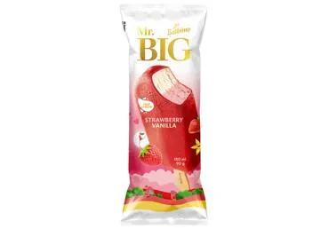 Krējuma saldējums Mr. Big ar zemeņu un vaniļas garšu, zemeņu glazūrā 150ml/84g