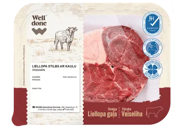 Liellopa stilbs ar kaulu WELL DONE fas.