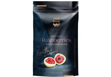 Liofilizētas avenes baltajā šokolādē WELL DONE PREMIUM 80g