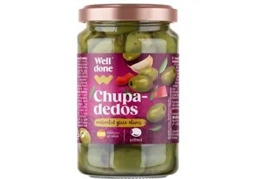 Marinētas zaļās olīvas Chupadedos WELL DONE bez kauliņiem 340g