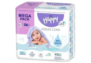 Mitrās salvetes HAPPY 99% Aqua Care 3x56gab.