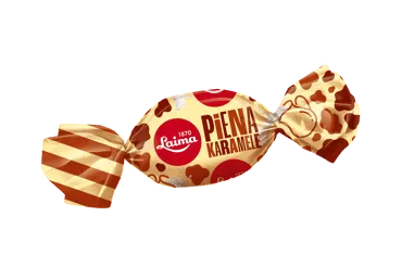 Piena karameles ar pildījumu LAIMA sver.