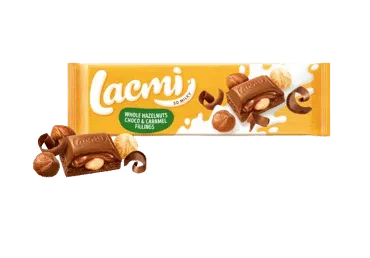 Piena šokolāde LACMI ar veseliem lazdu riekstiem un karameļu pildījumu 295g