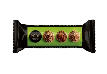 Piena šokolādes trifeles ar sāļās karameles krēma pildījumu un pekanrieksta dekoru 38g, PURE