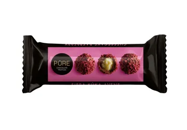 Piena šokolādes trifeles ar siera kūkas garšas krēma pildījumu un aveņu dekoru 32g, PURE