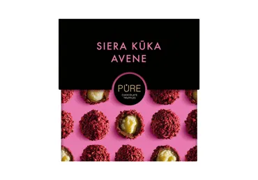 Piena šokolādes trifeles ar siera kūkas garšas krēma pildījumu un aveņu dekoru 96g, PURE