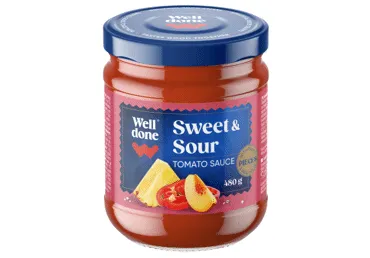 Saldskābā tomātu mērce ar augļu un dārzeņu gabaliņiem WELL DONE 480g