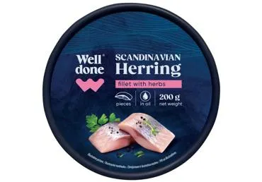 Siļķu filejas Skandināvu gaumē eļļā ar zaļumiem WELL DONE 200g