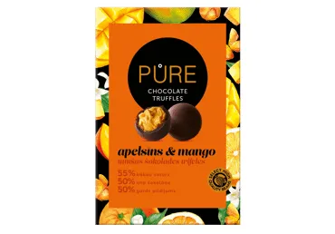 Šokolādes trifeles ar apelsīnu mango krēma pildījumu  148g, PURE