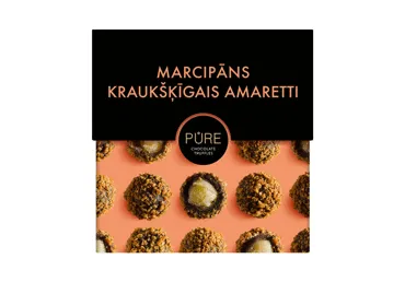 Šokolādes trifeles PURE CHOCOLATE ar marcipāna krēma pildījumu un kraukšķīgo Amaretti cepumu dekoru 96g