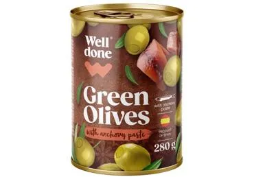 Zaļās olīvas ar anšovu pildījumu WELL DONE 280g