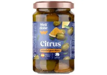 Zaļās olīvas ar citrona gabaliņiem WELL DONE bez kauliņiem 340g