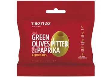 Zaļās olīvas bez kauliņiem ar papriku un čili TROFICO 30g