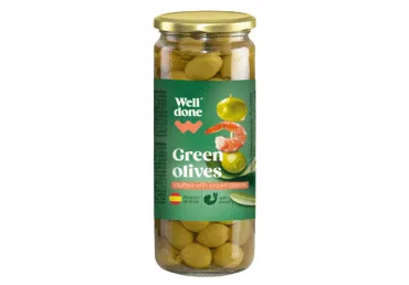 Zaļās olīvas pildītas ar garneļu pastu WELL DONE 235g