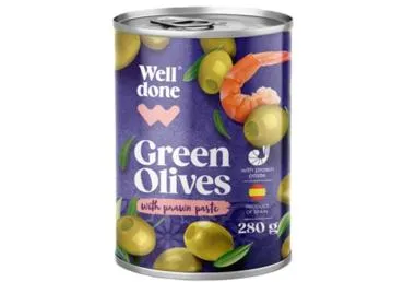 Zaļās olīvas pildītas ar garneļu pastu WELL DONE 280g