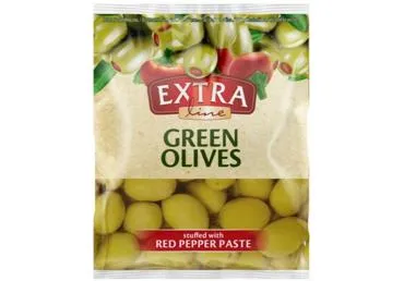 Zaļās olīvas pildītas ar sarkaniem pipariem EXTRA LINE 195g
