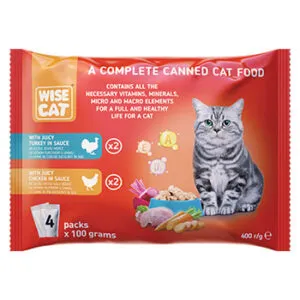Barība kaķiem ar tītara un vistas gaļa mērcē Wise Cat 4x100g