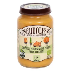 Biezenis RŪDOLFS BIO cukini, ķirbju un kartupeļu ar vistas gaļu, no 6 mēn., 190g