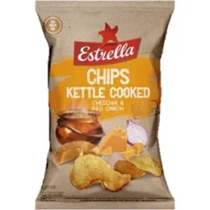 Kartupeļu čipsi Estrella ar čedaras siera un sarkano sīpolu garšu 120g
