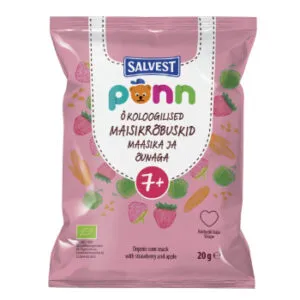 Čipsi kukurūzas bērniem Ponn Organic ar zemenēm, āboliem 20g